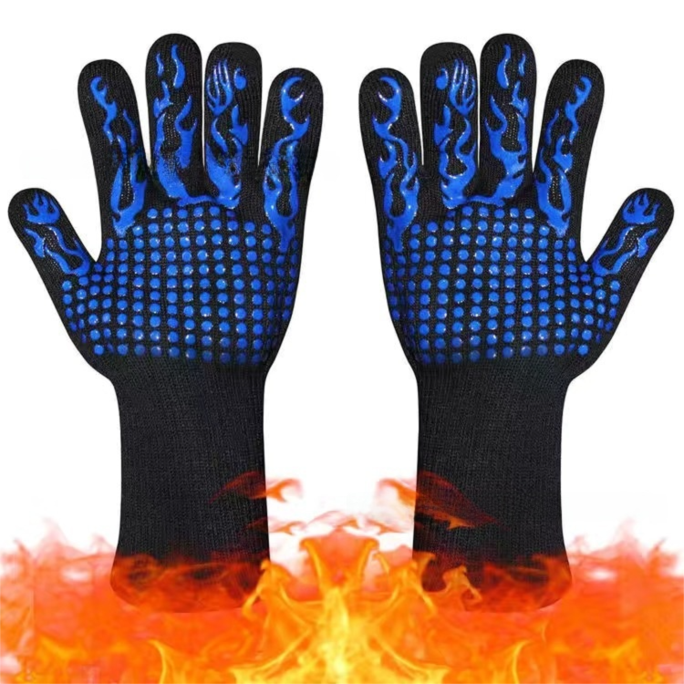 One Pair Blue Extreme Heat Resistant BBQ Gloves (800°C/1472°F) - Non-Slip Silicone Coated Fireproof Mitts for Smoker, Oven &amp; Industrial Use