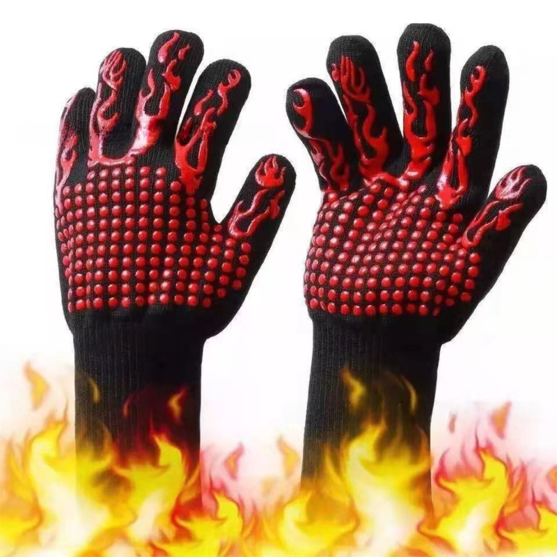 One Pair Red Extreme Heat Resistant BBQ Gloves (800°C/1472°F) - Non-Slip Silicone Coated Fireproof Mitts for Smoker, Oven &amp; Industrial Use
