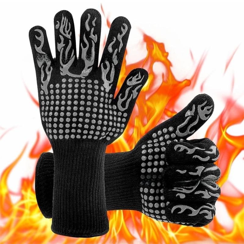 One Pair Grey Extreme Heat Resistant BBQ Gloves (800°C/1472°F) - Non-Slip Silicone Coated Fireproof Mitts for Smoker, Oven &amp; Industrial Use