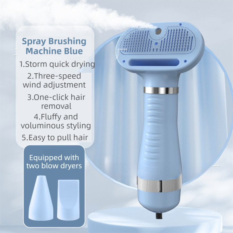 Blue 6-in-1 Pet Grooming Hair Dryer with Noise-Reduction - Lightweight Handheld Blow Dryer &amp; Mist Slicker Brush - 3-Speed Temperature Control, One-Click Deshedding &amp; Painless Massage