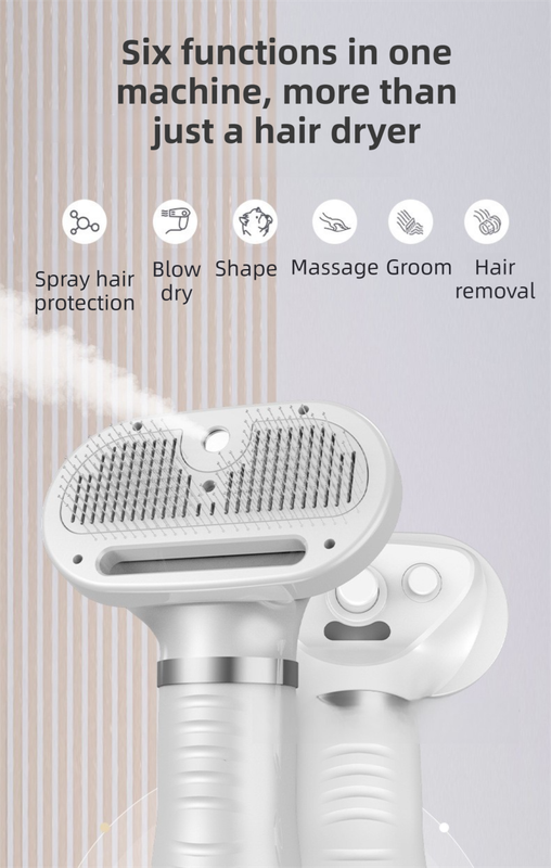 Blue 6-in-1 Pet Grooming Hair Dryer with Noise-Reduction - Lightweight Handheld Blow Dryer & Mist Slicker Brush - 3-Speed Temperature Control, One-Click Deshedding & Painless Massage