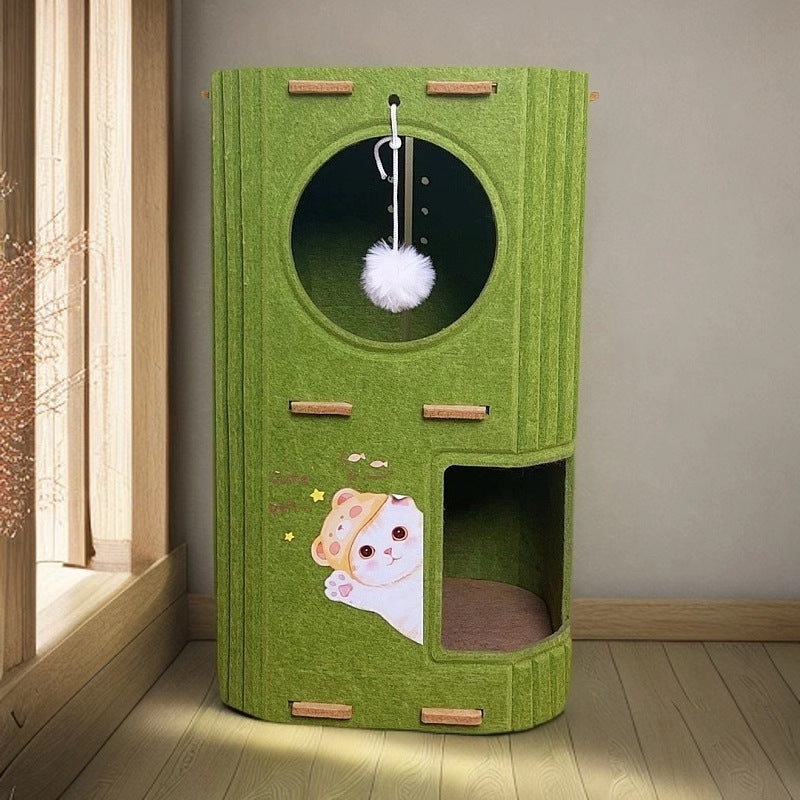Green 2-Tier Felt Cat Tree &amp; Scratches-Resistant Hideout - Durable Secure Non-Shedding Cat Condo and Play Tower for Indoor Cats