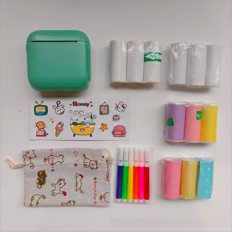 Green X6 Mini Portable Bluetooth Instant Photo &amp; Note Printer for Students - Deluxe 20-Piece Gift Set with 12 Paper Rolls, Color Pens &amp; Storage Bag