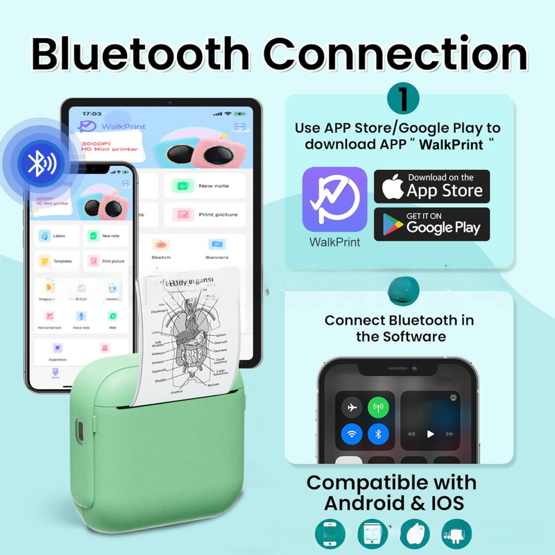 Green X6 Mini Portable Bluetooth Instant Photo & Note Printer for Students - Deluxe 20-Piece Gift Set with 12 Paper Rolls, Color Pens & Storage Bag