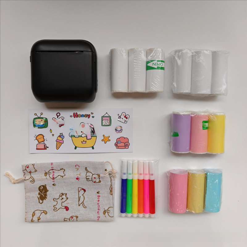 Black X6 Mini Portable Bluetooth Instant Photo & Note Printer for Students - Deluxe 20-Piece Gift Set with 12 Paper Rolls, Color Pens & Storage Bag