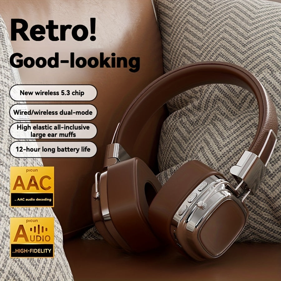 Brown & Sliver Stylish Retro Wireless Bluetooth & Plug Hi-Fi Stereo Headphones - Glowing LED Gaming Sports Over-Ear Headset with 10m Range, TypeC-Charging