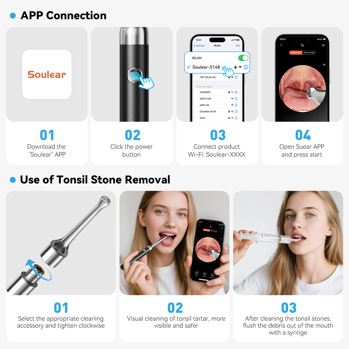 White Wireless Visual Ear Wax & Tonsil Stone Remover with HD Endoscope Camera - 2-in-1 Oral & Ear Care Cleaner for iOS & Android