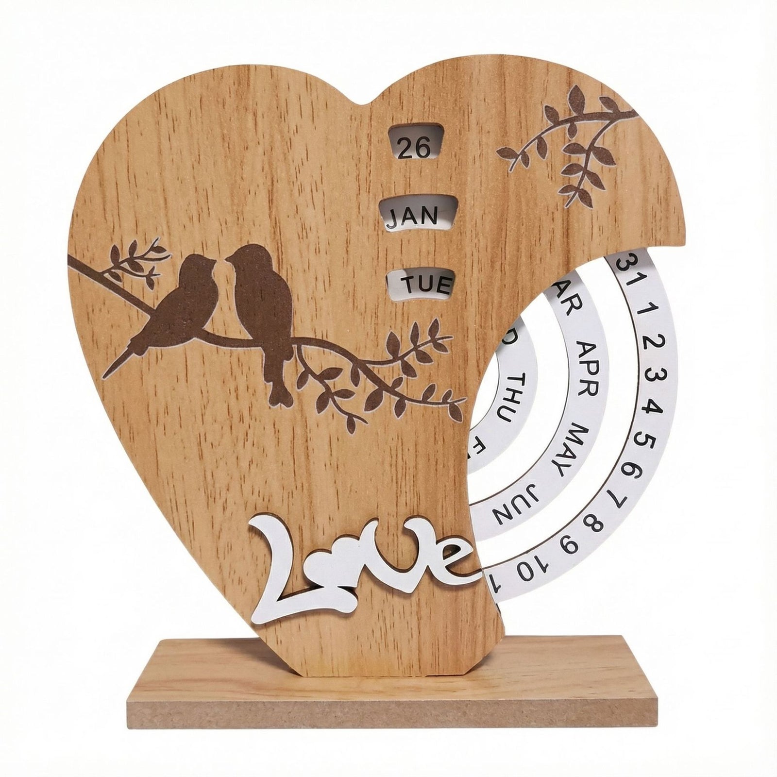 Artistic Heart Timber Perpetual Calendar Decoration(19.5x15.5 CM) - Manual Rotating Date Tracker