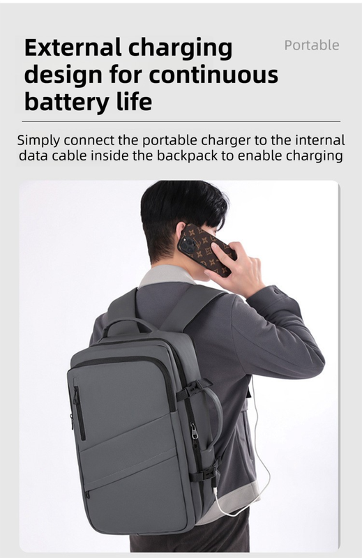 Black Premium Business Expandable Travel Backpack with External USB Charging - 20-35L Large-Capacity & Waterproof Commuter Daypack