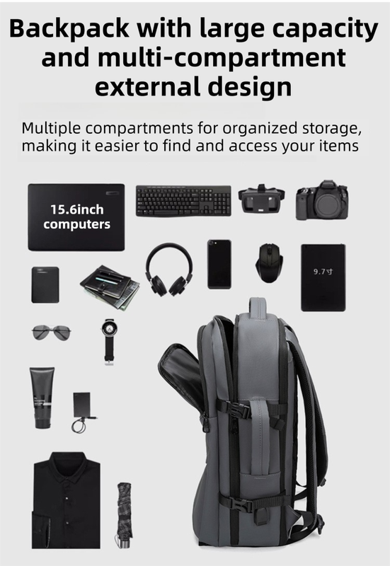 Black Premium Business Expandable Travel Backpack with External USB Charging - 20-35L Large-Capacity & Waterproof Commuter Daypack
