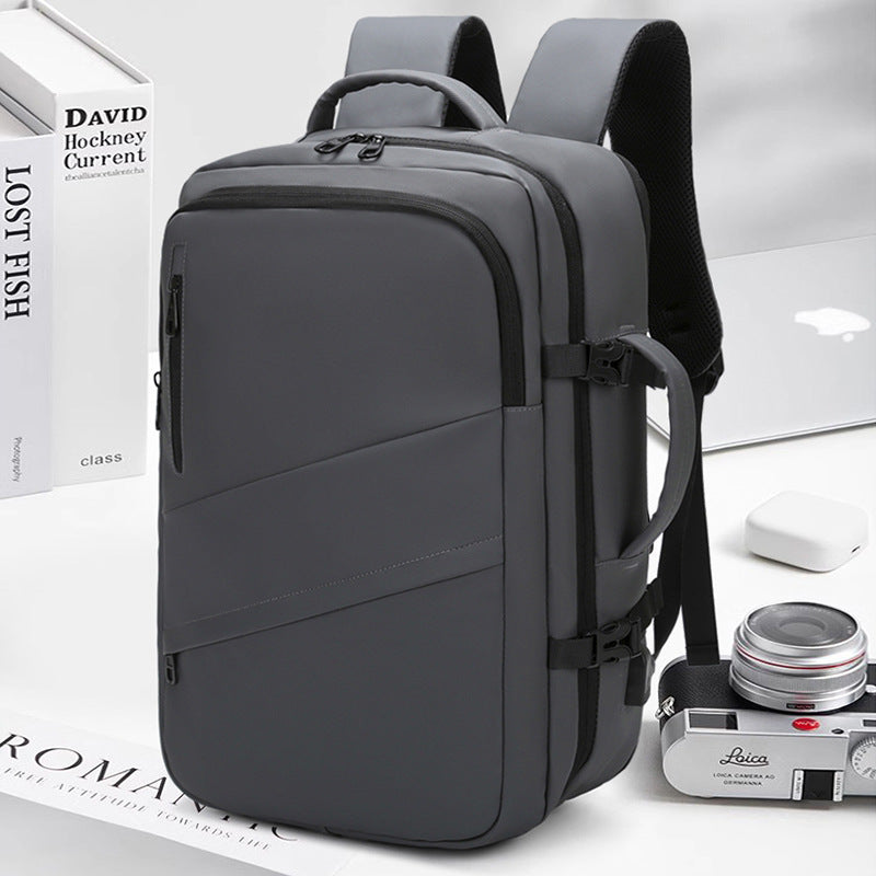 Grey Premium Business Expandable Travel Backpack with External USB Charging - 20-35L Large-Capacity &amp; Waterproof Commuter Daypack