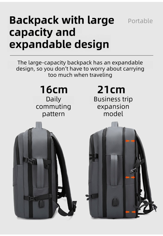 Grey Premium Business Expandable Travel Backpack with External USB Charging - 20-35L Large-Capacity & Waterproof Commuter Daypack