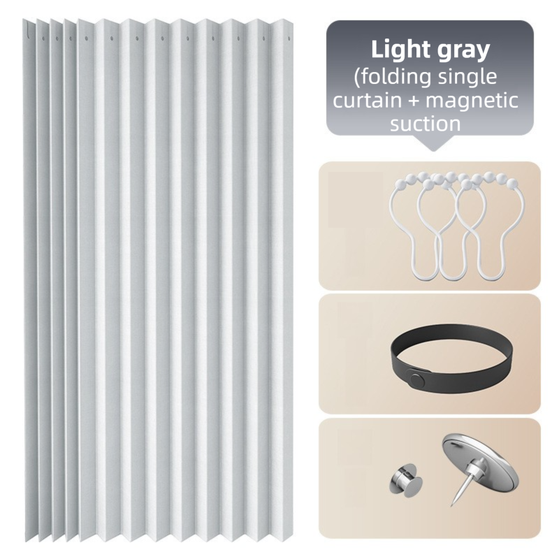 100 X 180 CM Light Gray Linen-Look Dust Drill-Free Pull-Curtain - Folding Doorless Closet Divider with Magnetic Closure &amp; Hanging Rings