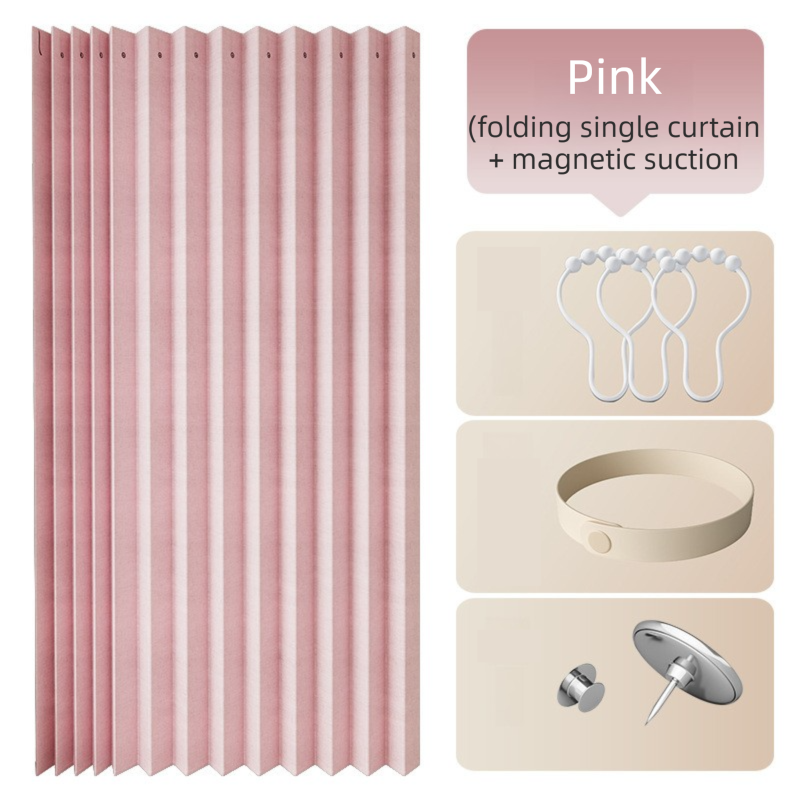 120 X 180 CM Pink Linen-Look Dust Drill-Free Pull-Curtain - Folding Doorless Closet Divider with Magnetic Closure & Hanging Rings