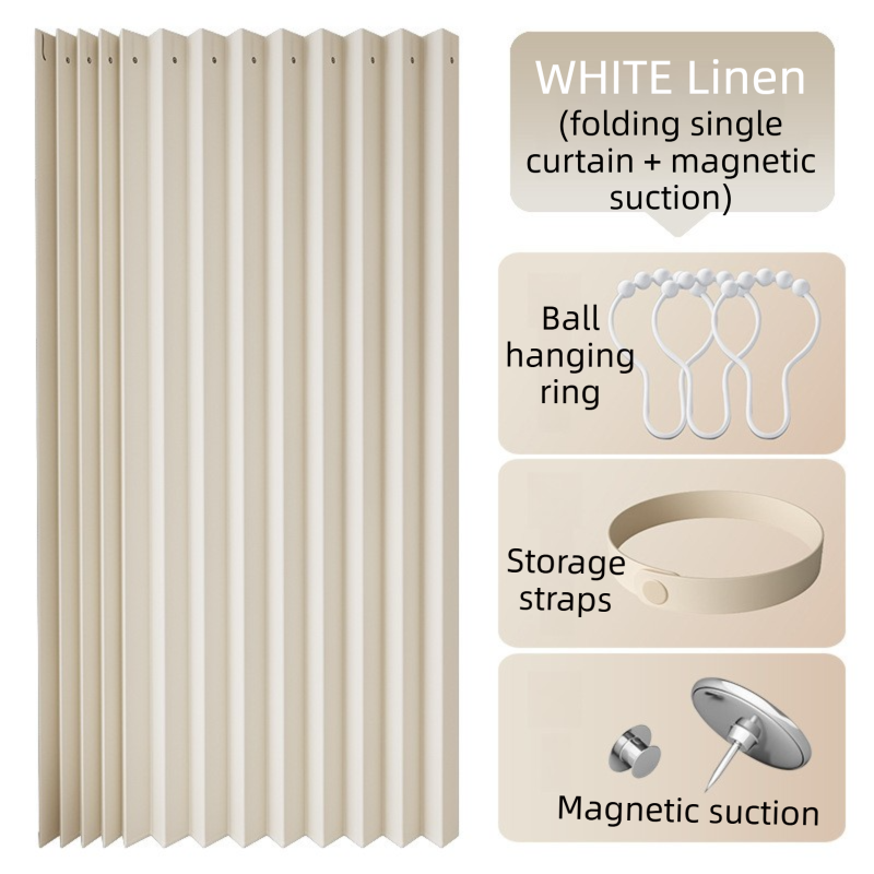 150 X 180 CM White Linen-Look Dust Drill-Free Pull-Curtain - Folding Doorless Closet Divider with Magnetic Closure &amp; Hanging Rings