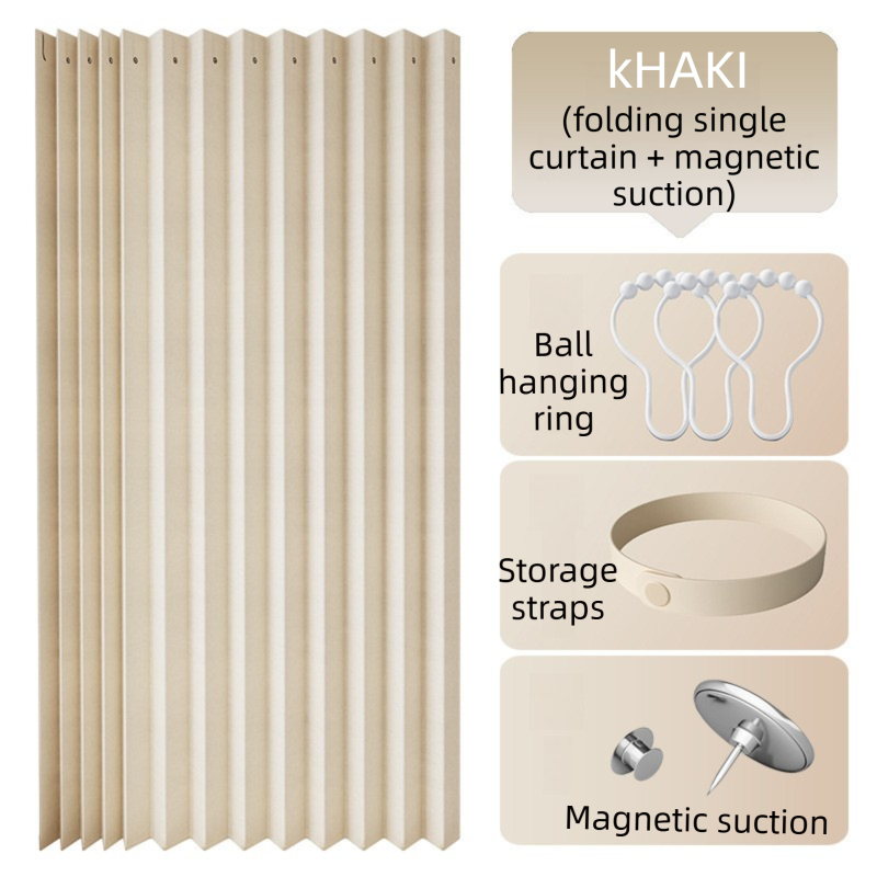 150 X 180 CM Khaki Linen-Look Dust Drill-Free Pull-Curtain - Folding Doorless Closet Divider with Magnetic Closure &amp; Hanging Rings