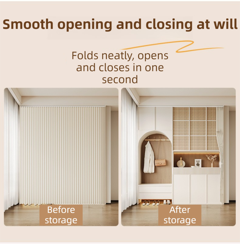150 X 180 CM Khaki Linen-Look Dust Drill-Free Pull-Curtain - Folding Doorless Closet Divider with Magnetic Closure & Hanging Rings