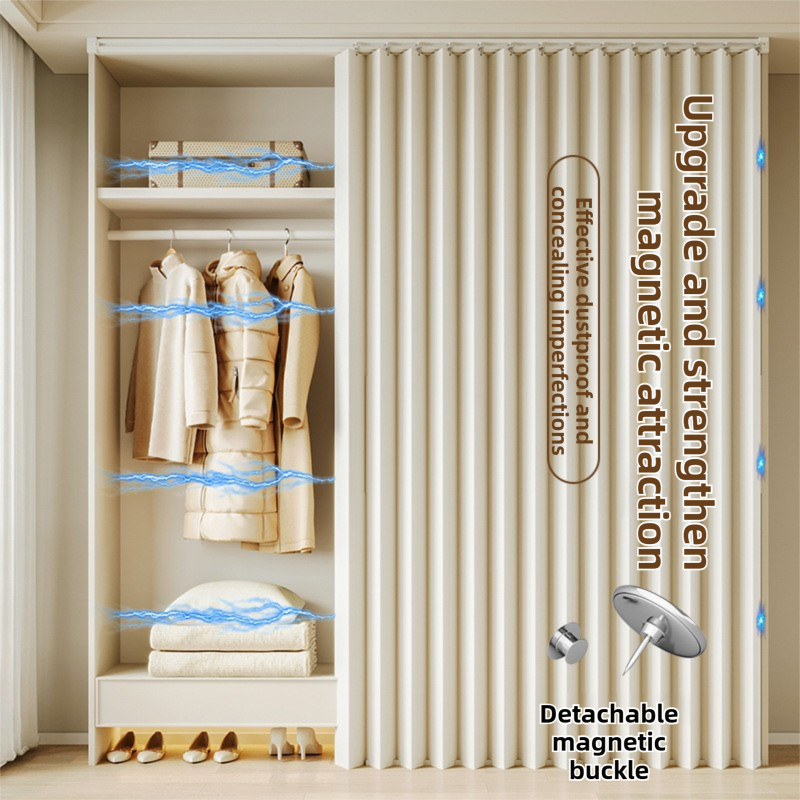 150 X 180 CM Khaki Linen-Look Dust Drill-Free Pull-Curtain - Folding Doorless Closet Divider with Magnetic Closure & Hanging Rings