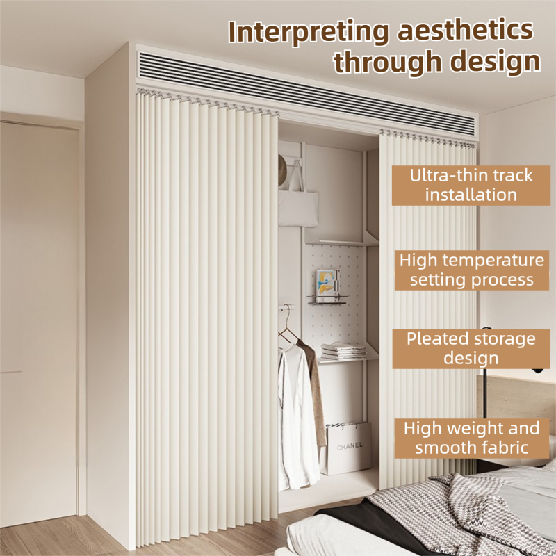 150 X 180 CM Khaki Linen-Look Dust Drill-Free Pull-Curtain - Folding Doorless Closet Divider with Magnetic Closure & Hanging Rings