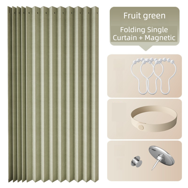 150 X 180 CM Fruit-Green Linen-Look Dust Drill-Free Pull-Curtain - Folding Doorless Closet Divider with Magnetic Closure &amp; Hanging Rings