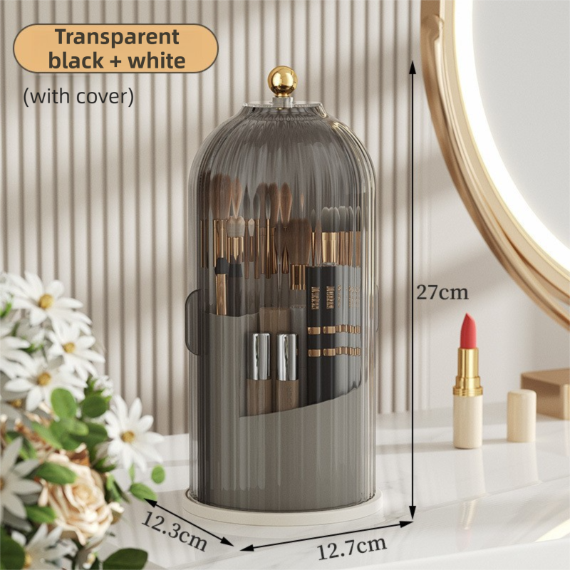 White 360° Rotating Makeup Brush Holder with Black Transparent Dust-Proof Sliding Door - Large Capacity Cosmetic Organizer, Professionaln Gradient Dual Zones