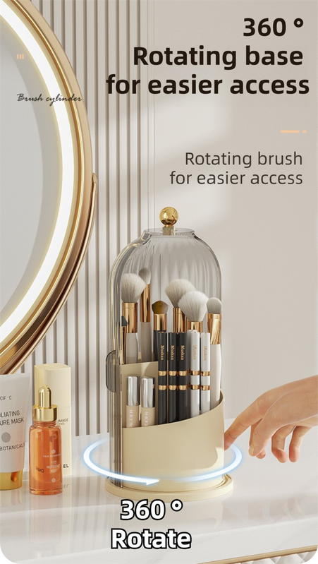 Yellow 360° Rotating Makeup Brush Holder with Transparent Dust-Proof Sliding Door - Large Capacity Cosmetic Organizer, Professionaln Gradient Dual Zones