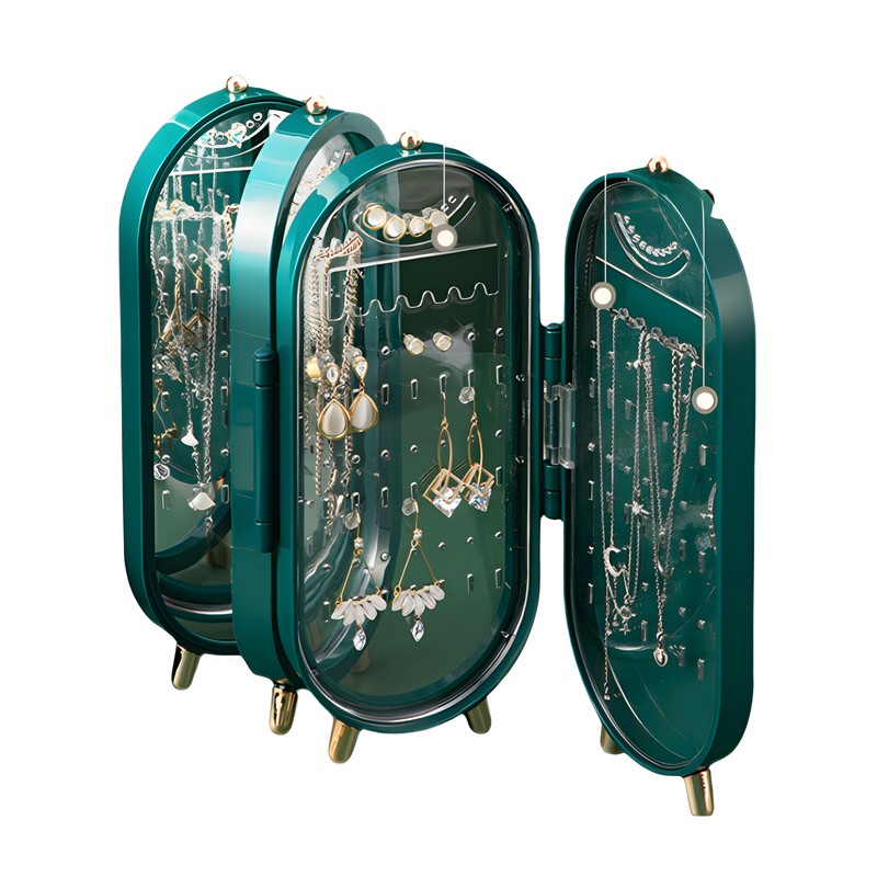 Green 4-Layer Retractable Screen-Style Jewelry Display Stand With Mirror Zone - Dust-Proof Necklace &amp; Earring Organizer Case for Vanity