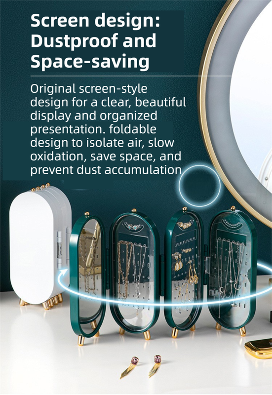 Green 4-Layer Retractable Screen-Style Jewelry Display Stand With Mirror Zone - Dust-Proof Necklace & Earring Organizer Case for Vanity