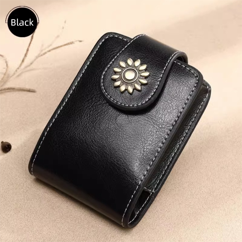 Black Sleek Compact PU Leather Flap-Top Lip Gloss Organizer with Built-in Mirror