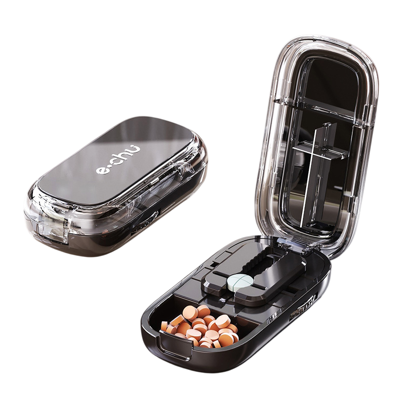 Black Portable Mini Pill Organizer with 1/2 &amp; 1/4 Precision Cutter - 3-Compartment Daily Travel Medicine Case with Rolling Knob Lock