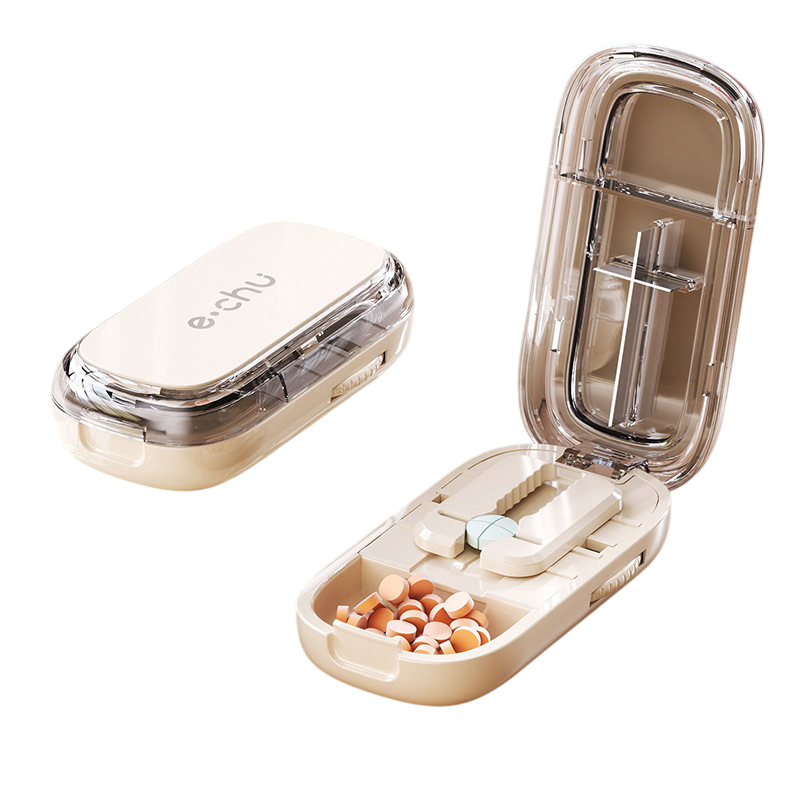 Beige Portable Mini Pill Organizer with 1/2 &amp; 1/4 Precision Cutter - 3-Compartment Daily Travel Medicine Case with Rolling Knob Lock