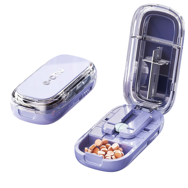Purple Portable Mini Pill Organizer with 1/2 & 1/4 Precision Cutter - 3-Compartment Daily Travel Medicine Case with Rolling Knob Lock