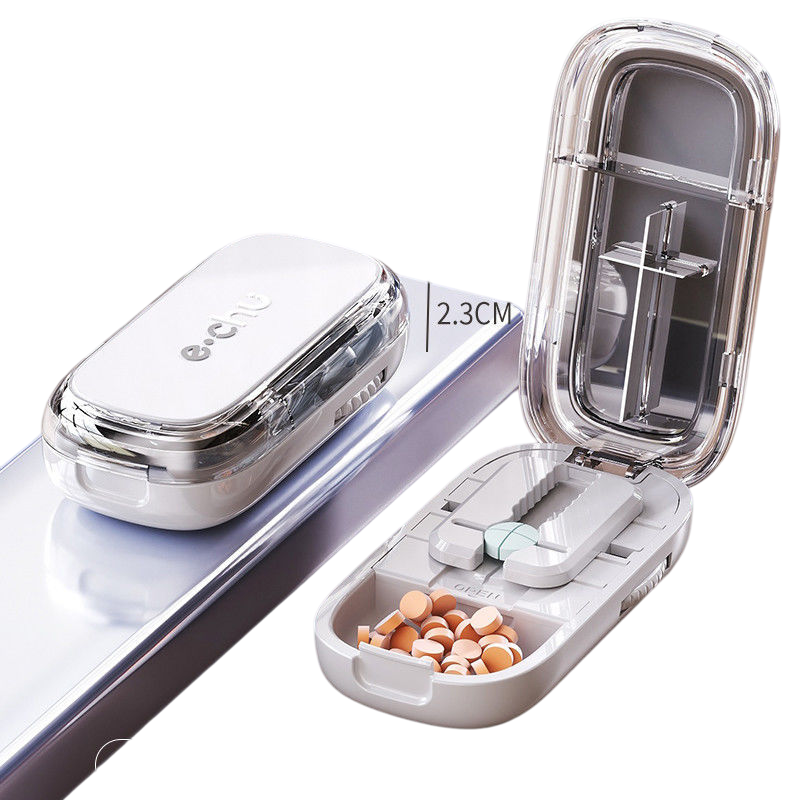 Grey Portable Mini Pill Organizer with 1/2 &amp; 1/4 Precision Cutter - 3-Compartment Daily Travel Medicine Case with Rolling Knob Lock