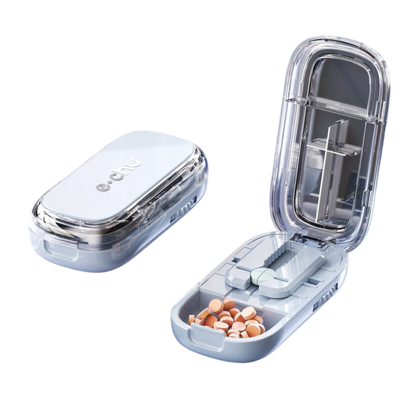 Blue Portable Mini Pill Organizer with 1/2 &amp; 1/4 Precision Cutter - 3-Compartment Daily Travel Medicine Case with Rolling Knob Lock