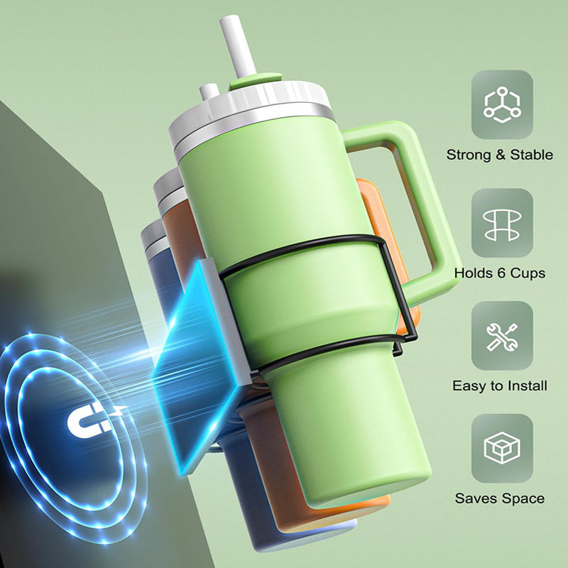 Drill-Free Magnetic Cup Organizer with Dedicated Lid Hook - Heavy Duty Carbon Steel Side Rack for Stanley Tumblers