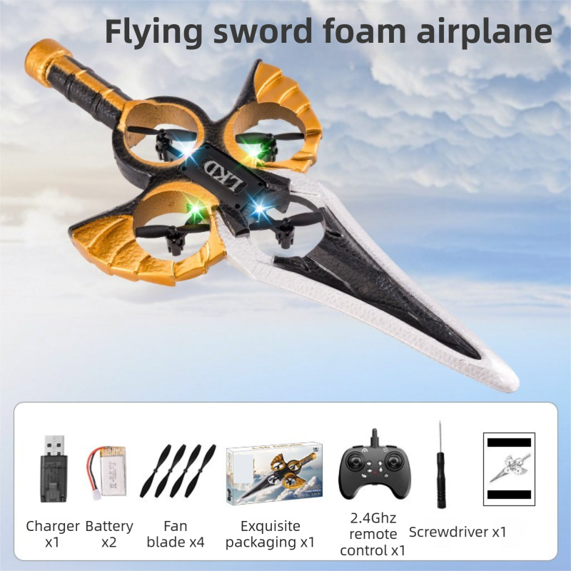 L36 Remote Control Flying Stunt Sword with 360° Flip &amp; One-Key Takeoff - Fully Guarded Propellers and LED Night Lights for Safety &amp; 4-Turbofan High Power Motor (2 Battery Included)