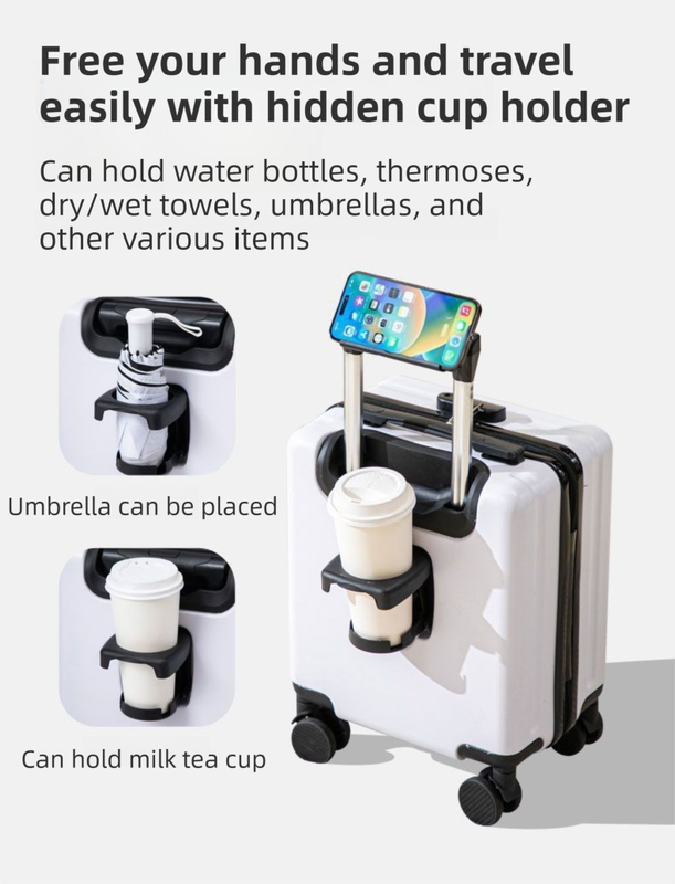 White 16 Inch Lightweight Carry-on Luggage for heights over 1.6m - Underseat & Overhead Cabin Hardside Suitcase with Cup Holder & Phone Stand