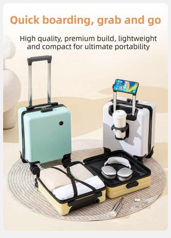 White 16 Inch Lightweight Carry-on Luggage for heights over 1.6m - Underseat & Overhead Cabin Hardside Suitcase with Cup Holder & Phone Stand