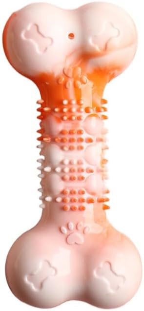 2-Pack Durable TPR Squeaky Dog Bone with Two-Tone Paw Print - Dental Health &amp; Gum Massage Spiked Molar Toy(Orange-White)