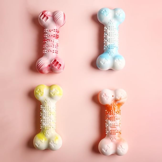 2-Pack Durable TPR Squeaky Dog Bone with Two-Tone Paw Print - Dental Health & Gum Massage Spiked Molar Toy(Red-White)