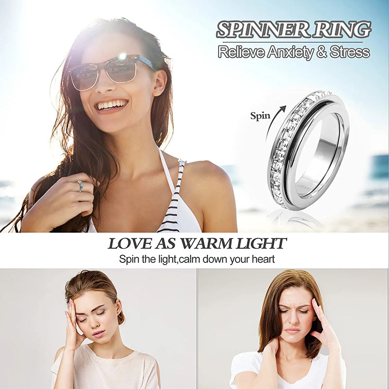 3-Piece Anxiety Spinner Meditation Bands Set - Full Zircon Inlaid Stainless Steel Rings for Stress Relief - US Size 9