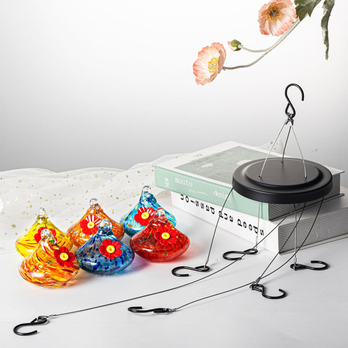 Outdoor Hand-Blown Glass Bird Feeder - 6-Color Durable Weather-Proof Bird Waterer, Includes Funnel &amp; Hanging Plate