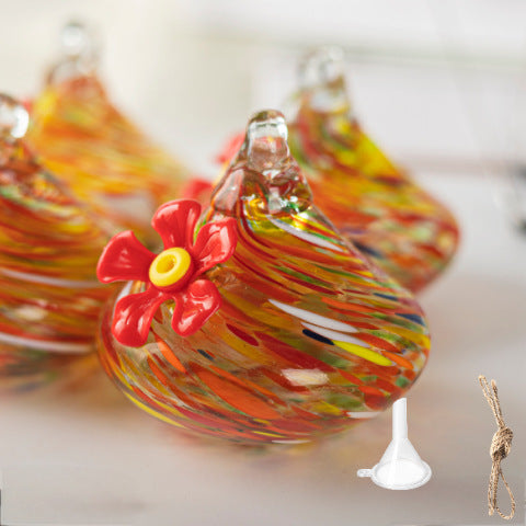 Outdoor Hand-Blown Glass Bird Feeder - Durable Weather-Proof Bird Waterer, Includes Funnel &amp; Hanging Rope (Single - Red Silk)