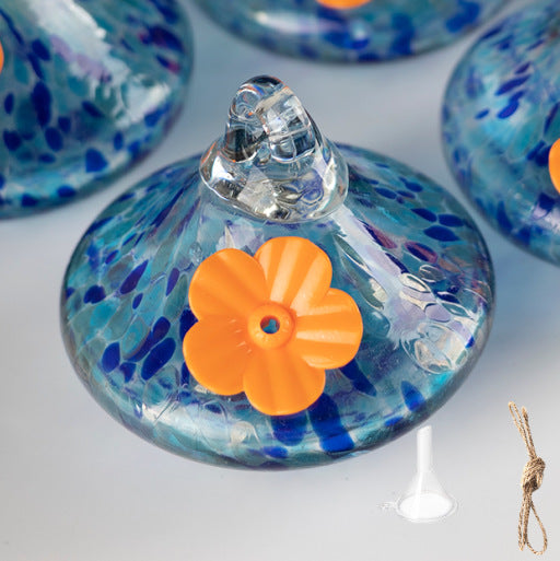 Outdoor Hand-Blown Glass Bird Feeder - Durable Weather-Proof Bird Waterer, Includes Funnel &amp; Hanging Rope (Single - Dark Blue Dot)