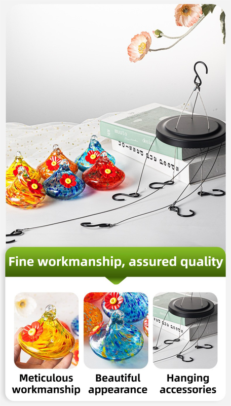 Outdoor Hand-Blown Glass Bird Feeder - Durable Weather-Proof Bird Waterer, Includes Funnel & Hanging Rope (Single - Dark Blue Dot)