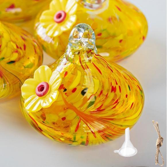 Outdoor Hand-Blown Glass Bird Feeder - Durable Weather-Proof Bird Waterer, Includes Funnel &amp; Hanging Rope (Single - Yellow Silk)