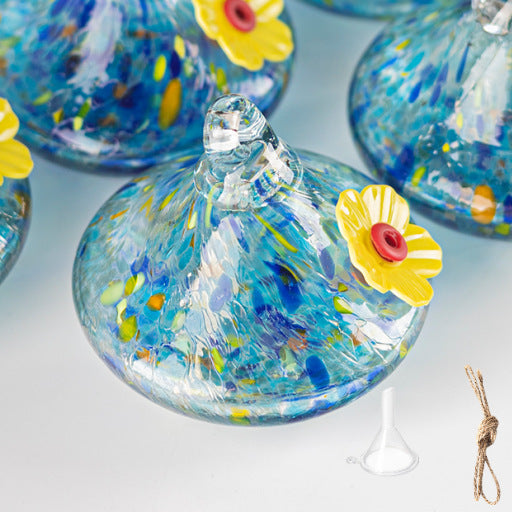Outdoor Hand-Blown Glass Bird Feeder - Durable Weather-Proof Bird Waterer, Includes Funnel &amp; Hanging Rope (Single - Light Blue Dot)