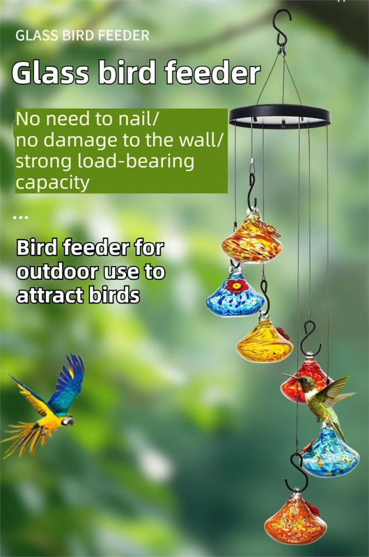 Outdoor Hand-Blown Glass Bird Feeder - Durable Weather-Proof Bird Waterer, Includes Funnel & Hanging Rope (Single - Light Blue Dot)