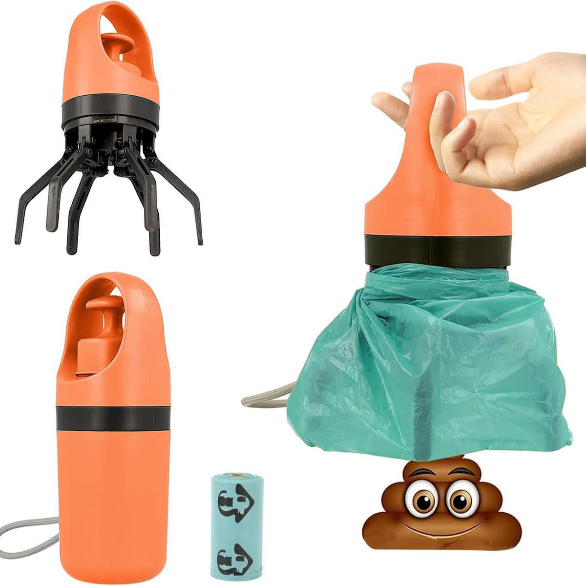 Orange Foldable 6-Claw Pet Pooper Scooper with Integrated Waste Bag Dispenser &amp; 1 Roll of Bags - Durable One-Handed Operation for Outdoor Walking