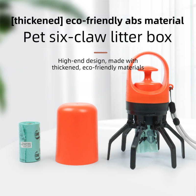 Orange Foldable 6-Claw Pet Pooper Scooper with Integrated Waste Bag Dispenser & 1 Roll of Bags - Durable One-Handed Operation for Outdoor Walking